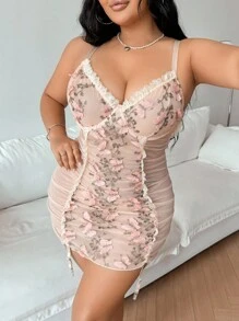 SHEIN 大码浪漫田园系列蝴蝶刺绣拼布透明网眼褶皱内衣裙（带钢圈）