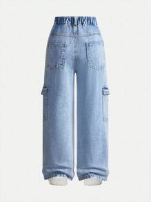 SHEIN Tween Boy Personalized Versatile Comfortable Casual Holiday Water Washed Soft Fashion Street Baggy Non-Stretch Lightweight Denim Pants, Spring/Autumn - Light Wash - View 2