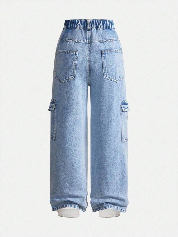 SHEIN Quần denim nhẹ không co giãn, mùa xuân/thu, thời trang đường phố rộng rãi, thoải mái, dễ giặt nước, dành cho bé trai tuổi teen - Rửa nhẹ - Xem 2