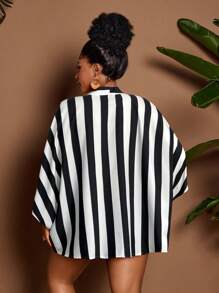 Maweii 大码条纹长袖裹身休闲宽松衬衫 - 黑與白 - 查看 4