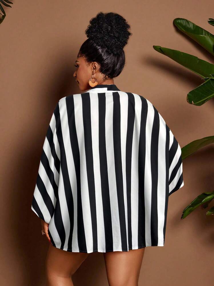 Maweii Áo sơ mi kẻ sọc dài tay quấn phía trước dáng rộng cỡ lớn - Đen và trắng - Xem 4