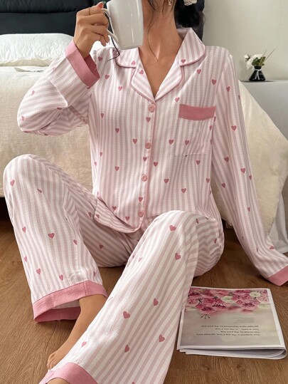 Napfluff Striped Heart Print Lapel Collar Pink Button Up Top & Pants PJS, Fall Winter Clothes Cozy And Elegant Details Women PJS