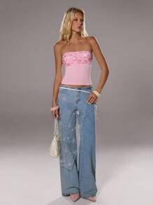 TRNVIE 1 件亮片拼接露背松紧腰短款上衣，浪漫派对装，适合新年、秋冬 - 粉色 - 查看 6