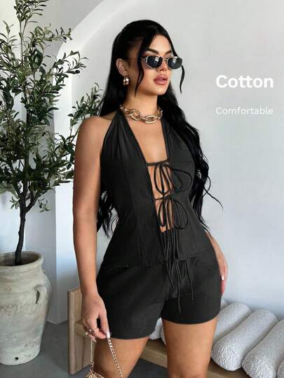 SHEIN SXY 女式性感系带露背吊带上衣和短裤两件套，夏季