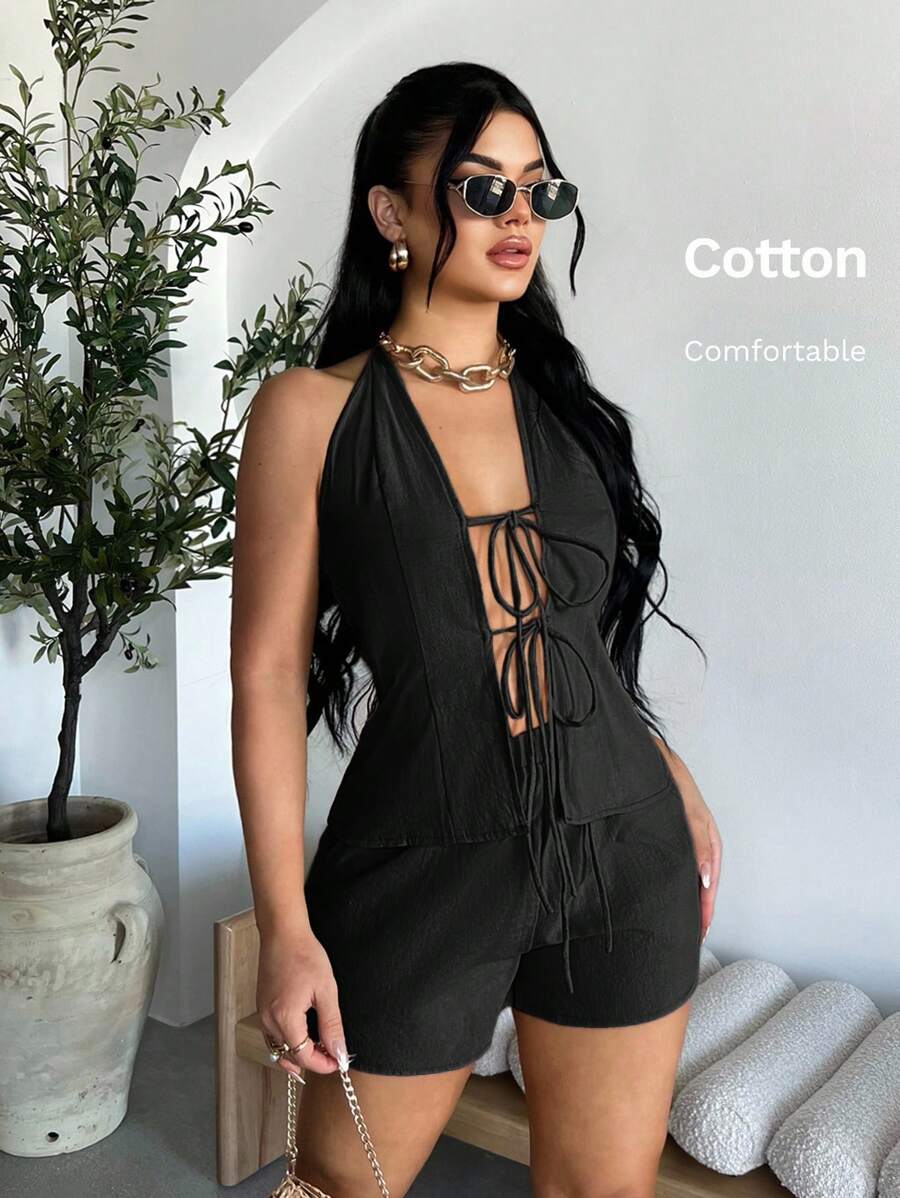 SHEIN SXY 女式性感系带露背吊带上衣和短裤两件套,夏季 - 黑色 - 查看 1