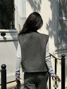 Serisse Áo khoác vest không tay cổ tròn màu trơn dành cho nữ, áo khoác ngoài thường ngày, thu/đông, áo khoác xám, trang phục công sở thường ngày dành cho nữ, thích hợp mặc đi làm hàng ngày, mùa thu - Màu xám đen - Xem 5