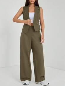 SHEIN PETITE Setelan Musim Gugur Dua Potong 2pcs/Set Wanita Atasan Tanpa Lengan dan Celana Warna Polos, Pakaian Musim Gugur untuk Wanita Bertubuh Mungil - Hijau Tentara - View 7