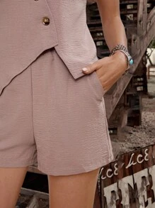 Breezaya Set Rompi dan Celana Pendek Desain Asimetris Longgar untuk Liburan Musim Panas - Khaki - View 6