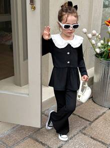 Young Girls T-Shirt Co-Ords Girls Black Two-Piece Set With White Ruffle Collar And Pearl Buttons, Elegant Preppy Long Sleeve Top And Pants Outfit - Pink - View 4