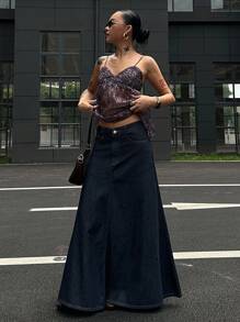 Livesso 女士纯色简约休闲牛仔半身裙 - 藍色 - 查看 7