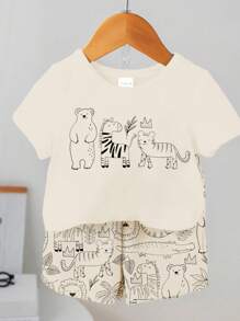 SHEIN 可爱多彩动物印花男宝宝套装，圆领短裤，男宝宝夏季服装，男宝宝夏季套装，男宝宝夏季服装，男宝宝休闲短袖夏季套装 - 彩色 - 查看 4