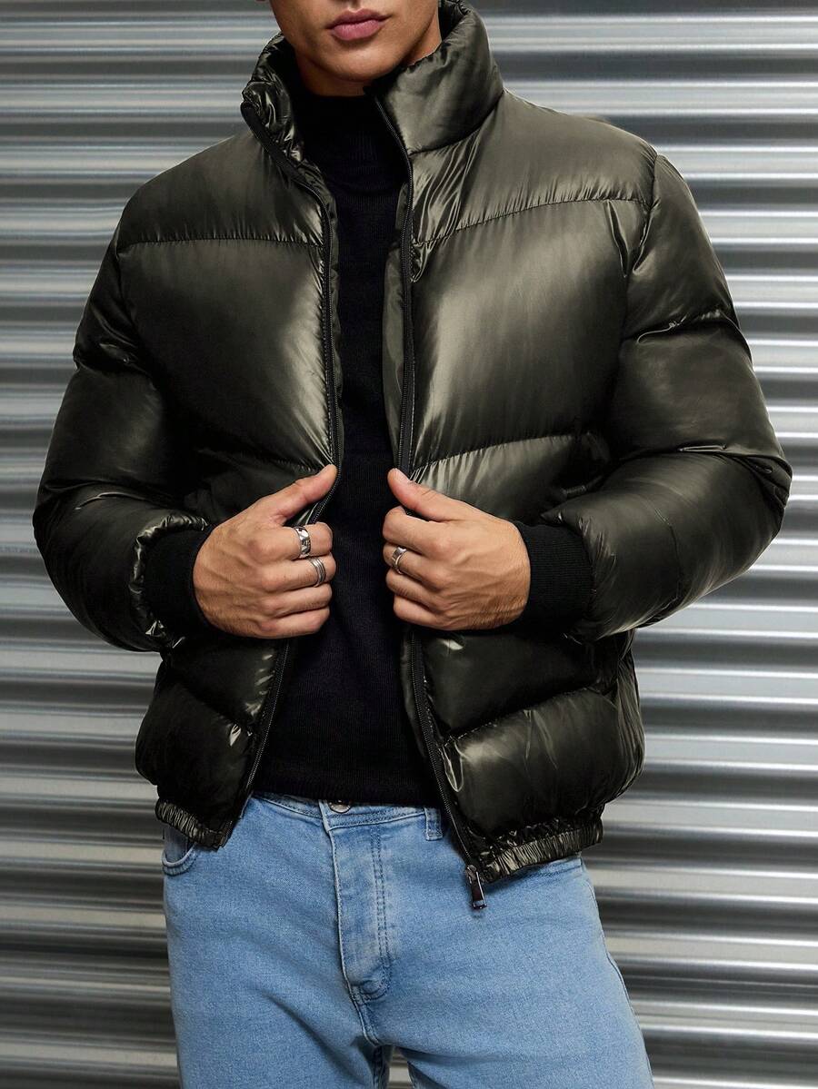 EURMUSE Men's Basic Casual Style Special Stitching Design Slim Fit Padded Coat - Army Green - View 1