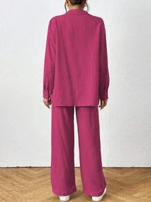 SHEIN PETITE 女式纯色长袖单排扣衬衫和裤子休闲两件套 - 玫紅色 - 查看 2