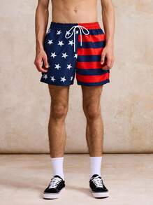 Surfspeed Men's US Flag Print Drawstring Waist Beach Shorts - Blue - View 1