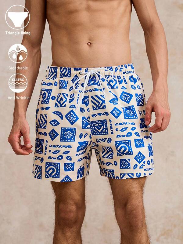 Surfspeed Men's Geometric Print Drawstring Waist Beach Shorts
