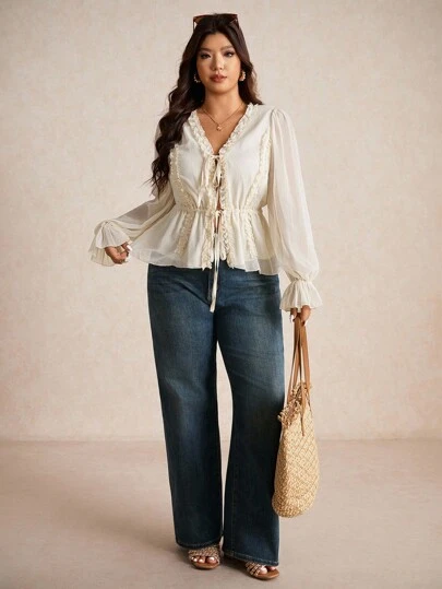 Elaquor Plus Size Solid Color Pleated Tie Cuff Long Sleeve Shirt,Fall Clothes For Women