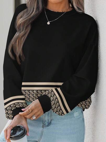 EMERY ROSE 2025 秋季经典花卉印花休闲宽松运动衫，加大码