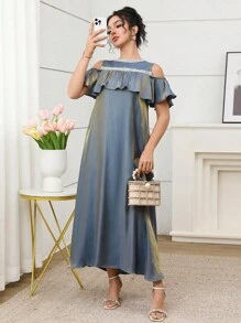 Yasmyna Women's Off-Shoulder Ruffle Trim Round Neck Fashion Summer Arabic Style Dress - Blue - View 4
