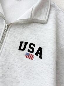少女字母与美国国旗印花拉链休闲连帽衫 - 淺灰色 - 查看 3