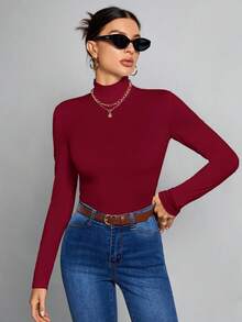 SHEIN Tall Simple Solid Color Slim High Collar White Top Suitable For Autumn And Winter,Red Top - Burgundy - View 6