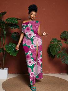 Maweii 加大码彩色花卉印花不对称领口高开叉时尚长裙 - 彩色 - 查看 3