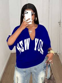 Maweii 大码女式夏季字母印花V领落肩宽松休闲T恤 - 藏蓝色 - 查看 4