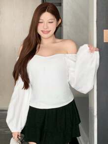 Dazy Plus Áo kiểu nữ cỡ lớn màu trơn, cổ bẻ, tay phồng, lưng hở, nơ, tay dài, màu trắng, thích hợp cho kỳ nghỉ. - trắng - Xem 4