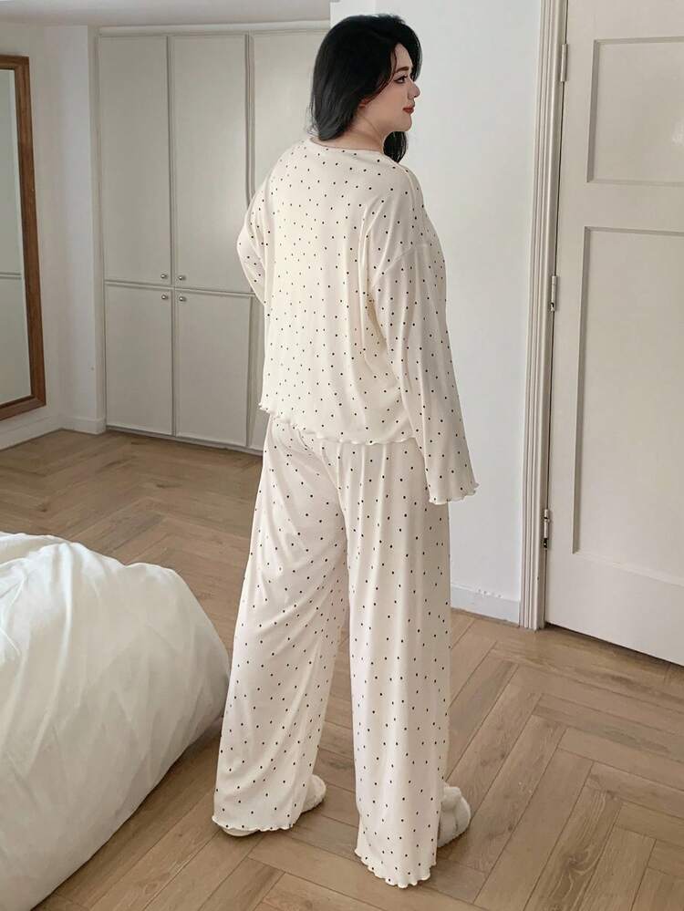 Dazy Plus Plus Size Women Bow Decor Contrast Lace Polka Dot Loose Pajama Set, Top And Pants, Cozy Outfits, Fall Winter Clothes