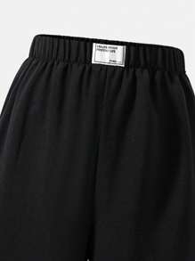 SHEIN Streecool Kids 少女休闲弹力腰阔腿梭织面料长裤，百搭返校季，秋季宽松黑色阔腿裤