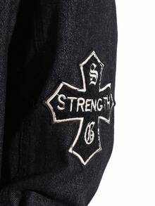 青少年男孩刺绣贴布牛仔夹克，休闲时尚百搭春秋街头潮流开学推荐！经典永恒黑牛仔舒适面料，十字绣+多元素刺绣贴布，赋予夹克独特的个性与灵魂，前翻盖假口袋设计，增添粗犷的工装风格，宽松舒适，适合日常穿着。 - 黑色 - 查看 6