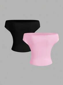 SHEIN EZwear 2 件套黑色和粉色纯色露肩荷叶边衬衫，夏季新款百搭百搭女式上衣 - 彩色 - 查看 2