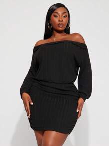 SHEIN SXY 大码女式性感露肩紧身黑色连衣裙，适合日常穿着、节日、约会之夜、生日、单身派对装、婚礼、优雅、休闲、购物、街头服饰、外出、易于搭配且看起来苗条，凸显您的身材，修饰身材 - 黑色 - 查看 7