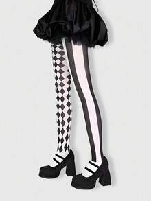 ROMWE Goth 1件装高弹力黑白格子不对称性感女士内裤/打底裤/紧身裤，适合体重80-130磅的女性 - 黑與白 - 查看 5
