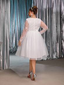 SHEIN Belle Plus Size Summer And Autumn Elegant Romantic Gorgeous White Sequins Embroidery Splicing Mesh Sweetheart Neck See-Through Long Sleeves Splicing Puffy Skirt Suitable For Dinner Bachelorette Party Dating Dance Vacation Graduation Season Homecoming Season Birthday Wedding Event Bride Gift Dress Guest Dress All White Party Outfit Women