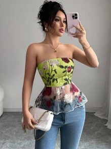 Elenzga 春夏季女士花卉刺绣拼布不对称下摆浪漫度假抹胸 - 橄欖綠 - 查看 1