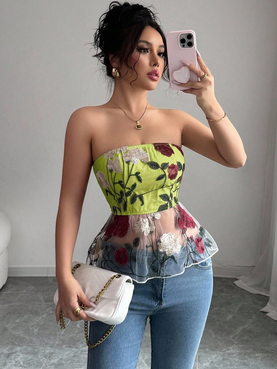 Elenzga 春夏季女士花卉刺绣拼布不对称下摆浪漫度假抹胸 - 橄欖綠 - 查看 1