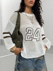 StreetHx New Letter Contrast Color Jacquard Casual Loose Hollow Out Round Neck Sweater Fall Winter Cloth For Women - White - View 5