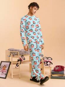 Paul Frank X SHEIN Men's Comfortable Striped Cute Cartoon Monkey Pattern Top And Pants Pajama Set, Fall Clothes