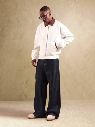 SUMWON 卡车司机牛仔夹克，撞色棕色灯芯绒领，齐臀长度，棉质帆布，工作服风格，秋冬外套，实用时尚，前拉链开合