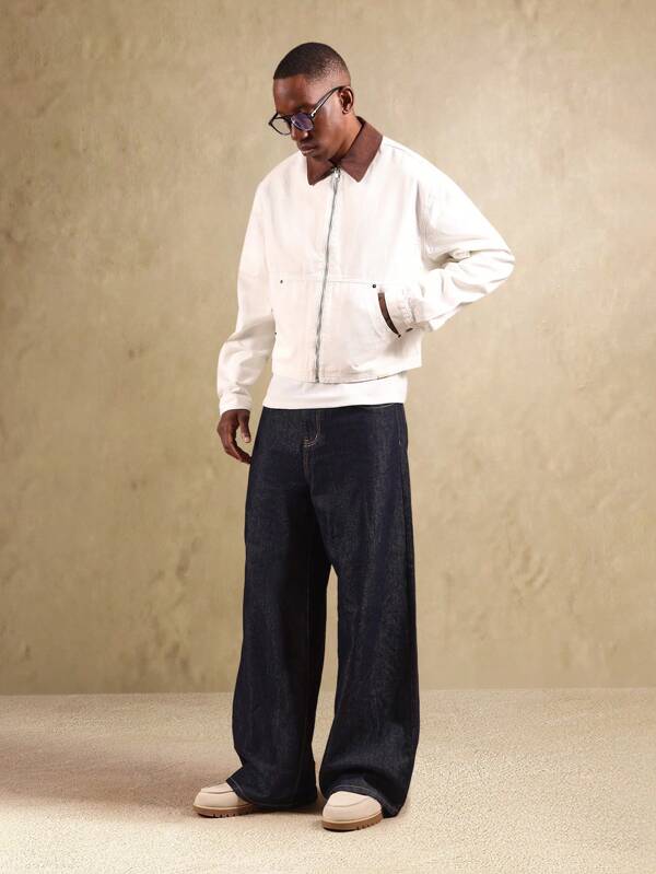 SUMWON 卡车司机牛仔夹克，撞色棕色灯芯绒领，齐臀长度，棉质帆布，工作服风格，秋冬外套，实用时尚，前拉链开合