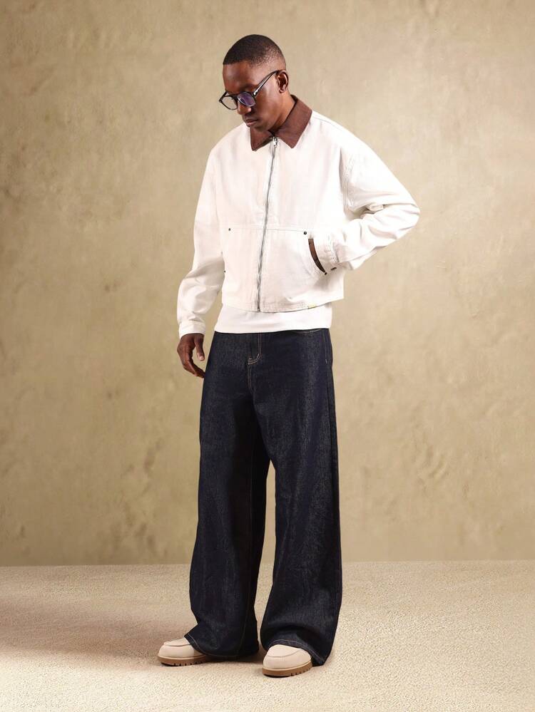 Canvas Trucker Jacket With Corduroy Collar And Zip Front