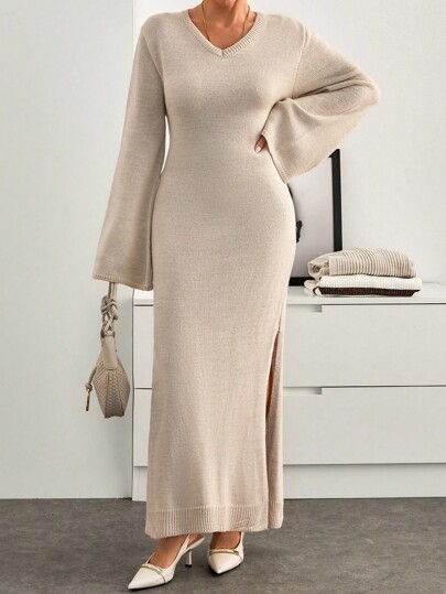 EURMUSE Lässiges V-Ausschnitt Melange-Garn einfarbiges Muster Flügelärmel Seitenschlitz Split Maxi Strickkleid für Herbst Winter Frauen