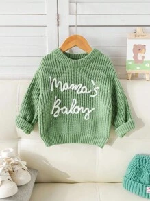 SHEIN 男婴柔软舒适休闲百搭可爱字母图案绿色圆领长袖套头衫，适合室内、户外、休闲、运动、玩耍、派对、拍照、度假、四季针织套头衫，秋冬季 - 綠色 - 查看 4