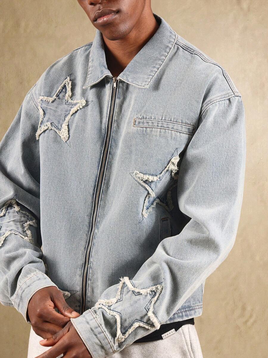 SUMWON Áo khoác denim đính hình ngôi sao rách rưới phong cách đường phố Grunge Áo khoác ngoài thường ngày có khóa kéo phía trước, viền thô, họa tiết ngôi sao, thiết kế hiện đại, tuyên bố thời trang - Màu xanh lam - Xem 1