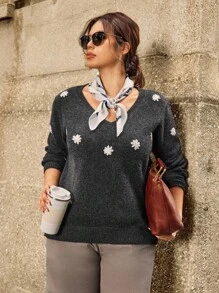 Calvaya Modischer, lässiger, eleganter, bestickter Pullover in Große Größen, grauer Damen-Pullover, Pullover für Frauen, Pullover für Frauen, Gänseblumen-Pullover