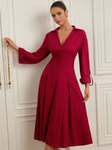 Revavyn Vestido de mujer de manga larga con cuello en V, de tela texturizada, elegante y de lujo para uso diario - Burdeos - Ver 3