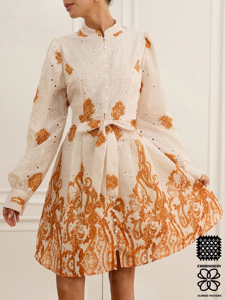 BELROSIE Boho Orange And White Perforated Embroidery Short Sleeve Dress For Women,Autumn Tea Party Southern France Style Stand Collar Button Front With Belt - Multicolor - View 3