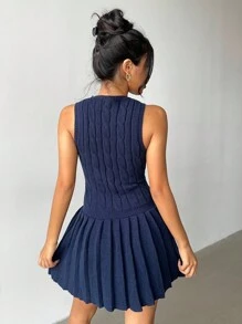 Aloruh Women's Fall Women Clothes Elegant Vintage Coin Embroidered Round Neck Pleated Sleeveless Sweater Mini Dress, Navy Blue - Navy Blue - View 4