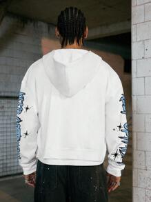 PAVTROS Manfinity Streetrush Men's Casual Street Cartoon Letter Print Drop Shoulder Loose Zip-Up Hoodie, Spring/Autumn, Flower Hoodie, Men S Clothing Streetwear, Flower Hoodie Men - Multicolor - View 2