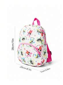 THE POWERPUFF GIRLS X SHEIN 1 件可爱卡通图案印花涤纶背包，幼儿背包，学龄前 3 岁以上，可调节肩带，适合男孩和女孩，泡泡、花朵、毛茛、爱心 - 彩色 - 查看 8